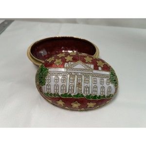 Enamel White House & American Star Flag Egg Shaped Trinket‎ Box Jewelry Dish